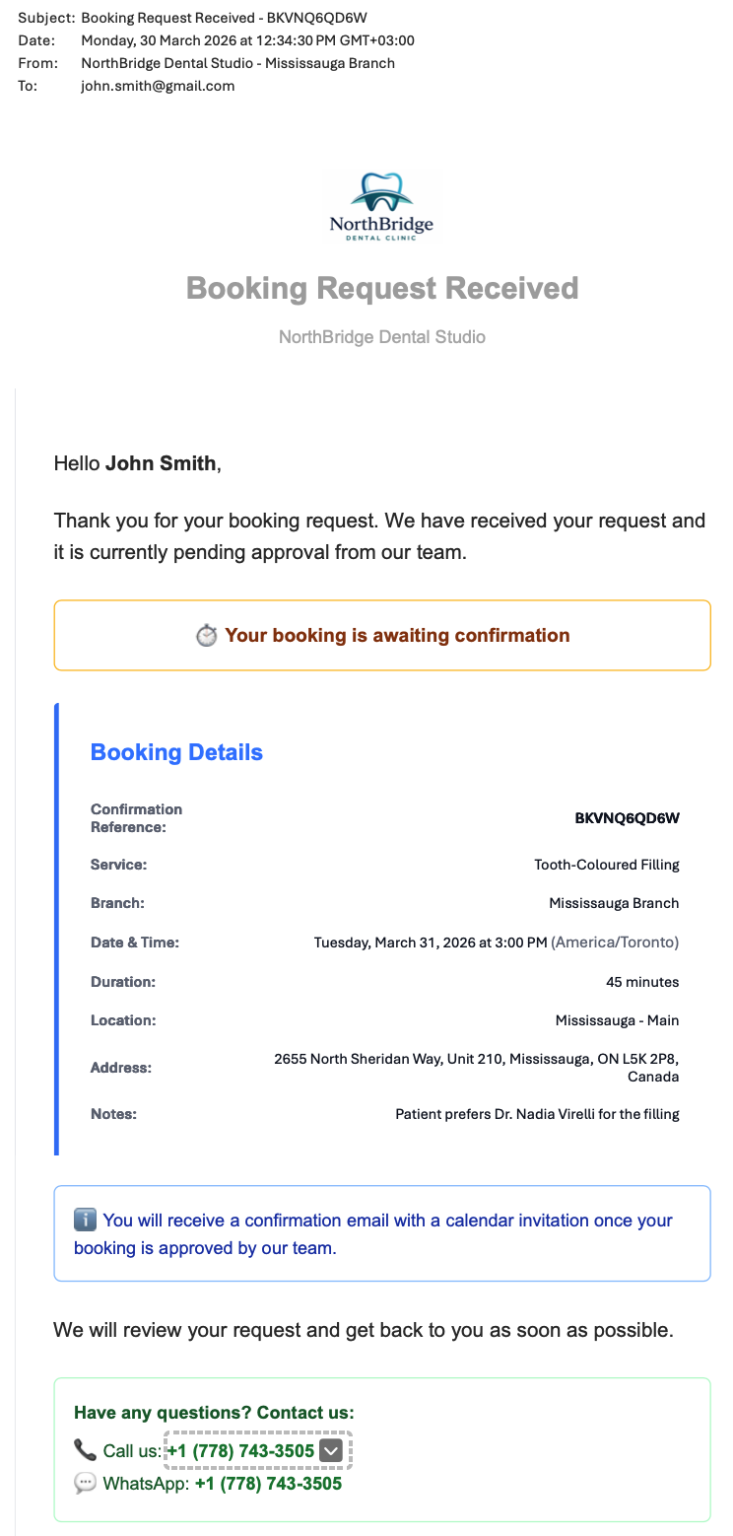 Booking Request confirmation email