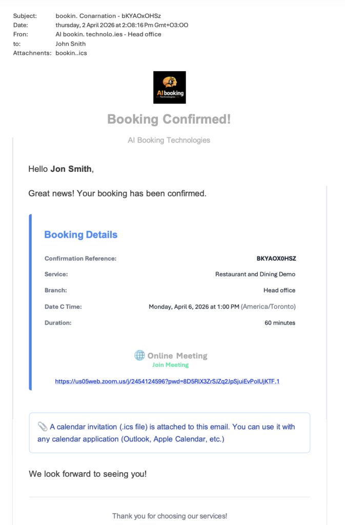 an email confirmation for AI Booking Demo